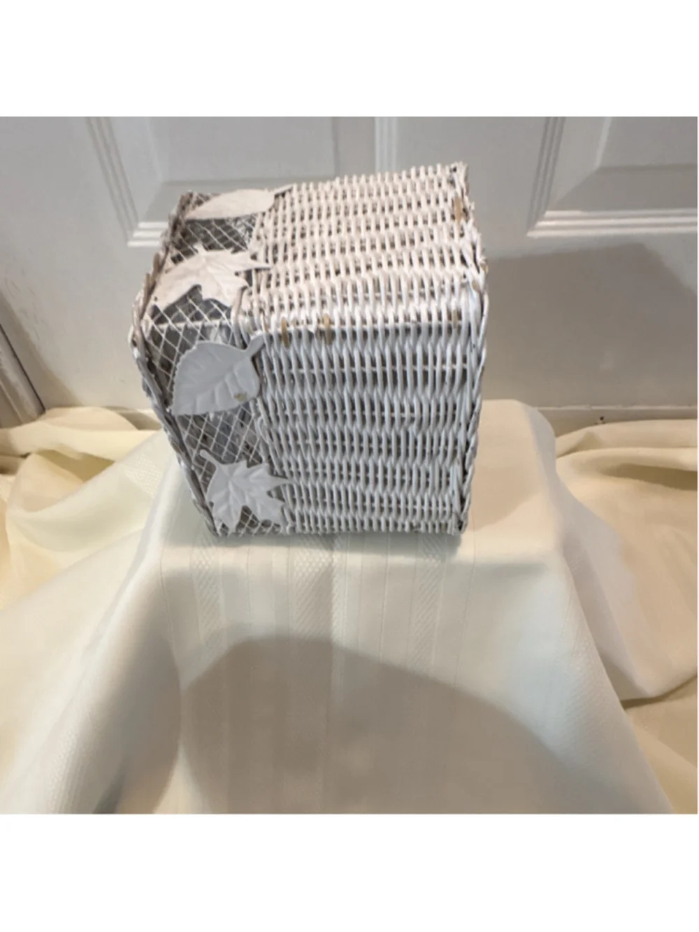 White Wicker Tissue Box Cover Relief Leaf Design Nature Theme Square